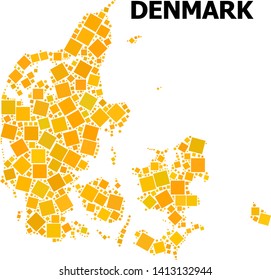 Gold square mosaic vector map of Denmark. Abstract collage geographic map of Denmark is done with randomized flat rotated square parts. Vector illustration in yellow golden color tinges.
