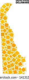 Gold square mosaic vector map of Delaware State. Abstract collage geographic map of Delaware State is done with scattered flat rotated square parts. Vector illustration in yellow golden color hues.