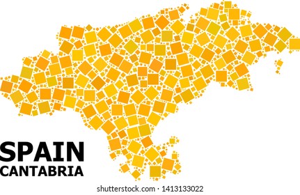 Gold square mosaic vector map of Cantabria Province. Abstract mosaic geographic map of Cantabria Province is done from random flat rotated rectangle points.