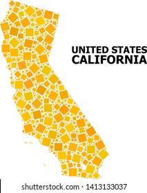 Gold square mosaic vector map of California. Abstract collage geographic map of California is created with random flat rotated square pixels. Vector illustration in yellow golden color variations.