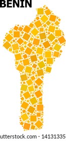 Gold square mosaic vector map of Benin. Abstract mosaic geographic map of Benin is done with randomized flat rotated square points. Vector illustration in yellow golden color tones.