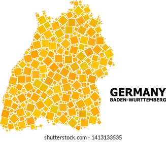 Gold square mosaic vector map of Baden-Wurttemberg State. Abstract mosaic geographic map of Baden-Wurttemberg State is organized from random flat rotated rectangle dots.