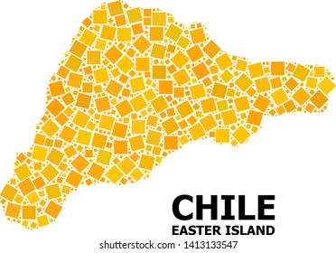 Gold square mosaic vector map of Easter Island. Abstract mosaic geographic map of Easter Island is done with randomized flat rotated square items. Vector illustration in yellow golden color hues.