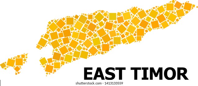 Gold square mosaic vector map of East Timor. Abstract concept geographic map of East Timor is done with randomized flat rotated square dots. Vector illustration in yellow golden color variations.