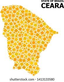 Gold square mosaic vector map of Ceara state. Abstract collage geographic map of Ceara state is composed with random flat rotated square dots. Vector illustration in yellow golden color variations.