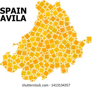 Gold square mosaic vector map of Avila Province. Abstract mosaic geographic map of Avila Province is created with scattered flat rotated square items.