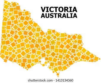 Gold square mosaic vector map of Australian Victoria. Abstract mosaic geographic map of Australian Victoria is composed from randomized flat rotated square items.