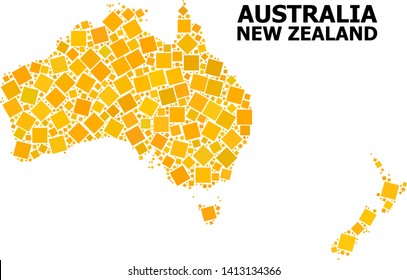 Gold square mosaic vector map of Australia and New Zealand. Abstract mosaic geographic map of Australia and New Zealand is combined from randomized flat rotated rectangular parts.