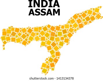 Gold square mosaic vector map of Assam State. Abstract collage geographic map of Assam State is created with random flat rotated square points. Vector illustration in yellow golden color hues.