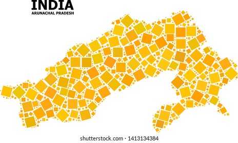 Gold square mosaic vector map of Arunachal Pradesh State. Abstract mosaic geographic map of Arunachal Pradesh State is constructed from scattered flat rotated square pixels.
