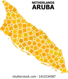 Gold square mosaic vector map of Aruba Island. Abstract composition geographic map of Aruba Island is composed with scattered flat rotated square dots. Vector illustration in yellow golden color hues.