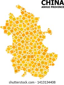 Gold square mosaic vector map of Anhui Province. Abstract mosaic geographic map of Anhui Province is combined from random flat rotated rectangle pixels.