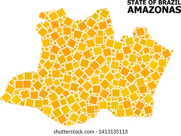 Gold square mosaic vector map of Amazonas State. Abstract concept geographic map of Amazonas State is designed from scattered flat rotated square parts.