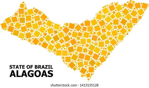 Gold square mosaic vector map of Alagoas State. Abstract mosaic geographic map of Alagoas State is organized with scattered flat rotated square parts.