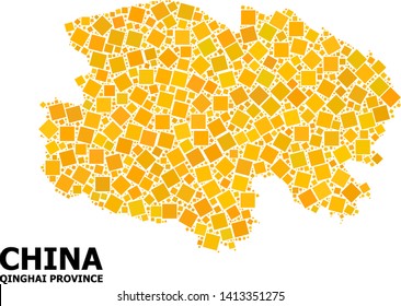Gold square mosaic vector map of Qinghai Province. Abstract mosaic geographic map of Qinghai Province is designed with random flat rotated square dots.