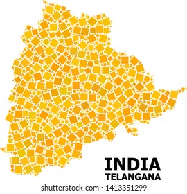 Gold square mosaic vector map of Telangana State. Abstract concept geographic map of Telangana State is organized from scattered flat rotated square pixels.