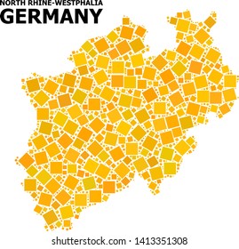 Gold square mosaic vector map of North Rhine-Westphalia State. Abstract mosaic geographic map of North Rhine-Westphalia State is constructed from random flat rotated square pixels.