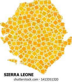 Gold square mosaic vector map of Sierra Leone. Abstract mosaic geographic map of Sierra Leone is organized from randomized flat rotated square parts. Vector illustration in yellow golden color tinges.