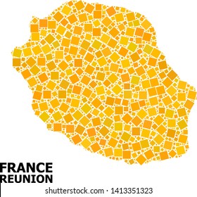 Gold square mosaic vector map of Reunion Island. Abstract collage geographic map of Reunion Island is done from random flat rotated square items. Vector illustration in yellow golden color variations.