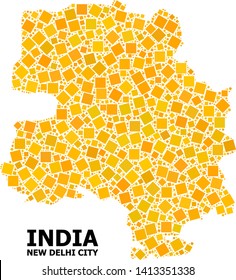 Gold square mosaic vector map of New Delhi City. Abstract mosaic geographic map of New Delhi City is combined with scattered flat rotated square parts.