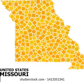 Gold square mosaic vector map of Missouri State. Abstract mosaic geographic map of Missouri State is combined from randomized flat rotated square parts.