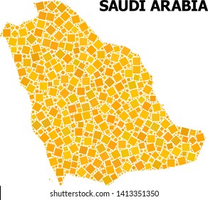 Gold square mosaic vector map of Saudi Arabia. Abstract concept geographic map of Saudi Arabia is designed from random flat rotated square items. Vector illustration in yellow golden color hues.