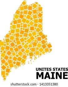 Gold square mosaic vector map of Maine State. Abstract mosaic geographic map of Maine State is combined with scattered flat rotated square points.
