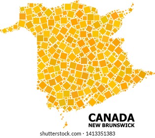 Gold square mosaic vector map of New Brunswick Province. Abstract concept geographic map of New Brunswick Province is created with random flat rotated square points.