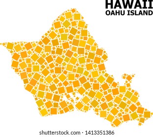 Gold square mosaic vector map of Oahu Island. Abstract mosaic geographic map of Oahu Island is designed from randomized flat rotated square points. Vector illustration in yellow golden color tinges.