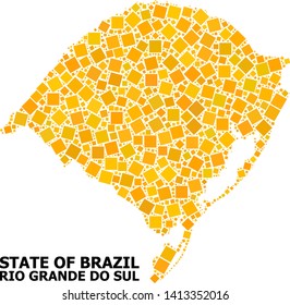 Gold square mosaic vector map of Rio Grande do Sul State. Abstract mosaic geographic map of Rio Grande do Sul State is constructed with random flat rotated square dots.