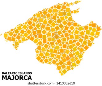 Gold square mosaic vector map of Majorca. Abstract mosaic geographic map of Majorca is composed with scattered flat rotated rectangular pixels. Vector illustration in yellow golden color shades.