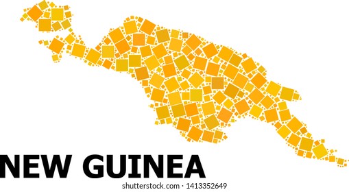 Gold square mosaic vector map of New Guinea Island. Abstract collage geographic map of New Guinea Island is organized from scattered flat rotated square parts.