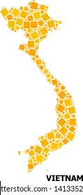 Gold square mosaic vector map of Vietnam. Abstract mosaic geographic map of Vietnam is constructed from random flat rotated square pixels. Vector illustration in yellow golden color shades.
