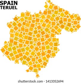 Gold square mosaic vector map of Teruel Province. Abstract mosaic geographic map of Teruel Province is created from randomized flat rotated square items.