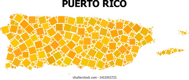 Gold square mosaic vector map of Puerto Rico. Abstract composition geographic map of Puerto Rico is composed with scattered flat rotated square items.