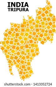 Gold square mosaic vector map of Tripura State. Abstract mosaic geographic map of Tripura State is combined with randomized flat rotated square points.