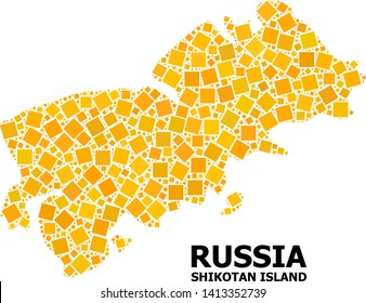 Gold square mosaic vector map of Shikotan Island. Abstract composition geographic map of Shikotan Island is designed from random flat rotated square elements.