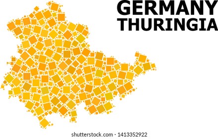 Gold square mosaic vector map of Thuringia State. Abstract composition geographic map of Thuringia State is organized from random flat rotated square parts.
