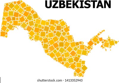Gold square mosaic vector map of Uzbekistan. Abstract collage geographic map of Uzbekistan is combined with random flat rotated square points. Vector illustration in yellow golden color hues.