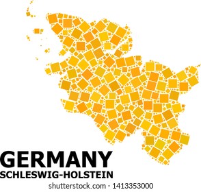 Gold square mosaic vector map of Schleswig-Holstein State. Abstract mosaic geographic map of Schleswig-Holstein State is constructed from random flat rotated square points.