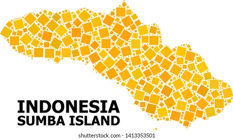 Gold square mosaic vector map of Sumba Island. Abstract mosaic geographic map of Sumba Island is constructed from random flat rotated square dots. Vector illustration in yellow golden color tones.