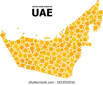 Gold square mosaic vector map of United Arab Emirates. Abstract mosaic geographic map of United Arab Emirates is created from scattered flat rotated square dots.