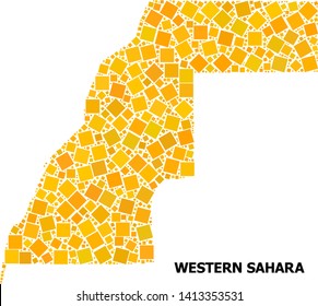 Gold square mosaic vector map of Western Sahara. Abstract composition geographic map of Western Sahara is done from random flat rotated square dots. Vector illustration in yellow golden color tints.