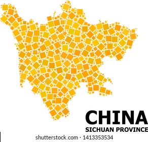 Gold square mosaic vector map of Sichuan Province. Abstract concept geographic map of Sichuan Province is combined with random flat rotated square points.