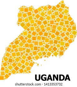 Gold square mosaic vector map of Uganda. Abstract mosaic geographic map of Uganda is constructed from random flat rotated square dots. Vector illustration in yellow golden color tones.