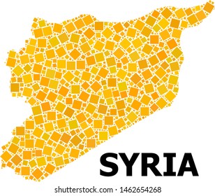 Gold square mosaic vector map of Syria. Abstract mosaic geographic map of Syria is designed with randomized flat rotated square dots. Vector illustration in yellow golden color tints.