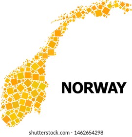 Gold square mosaic vector map of Norway. Abstract mosaic geographic map of Norway is created with random flat rotated square items. Vector illustration in yellow golden color tinges.