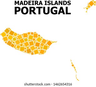 Gold square mosaic vector map of Madeira Islands. Abstract mosaic geographic map of Madeira Islands is constructed with random flat rotated square pixels.