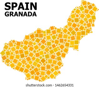 Gold square mosaic vector map of Granada Province. Abstract composition geographic map of Granada Province is constructed with random flat rotated square pixels.