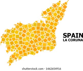 Gold square mosaic vector map of La Coruna Province. Abstract concept geographic map of La Coruna Province is composed from scattered flat rotated square points.